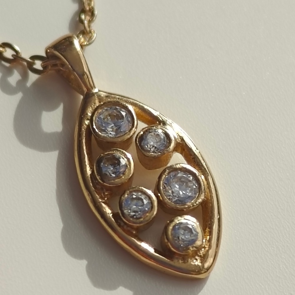Pendant Chain Necklace Womens Small Gold Tone Marquise Crystal Bezel Dainty